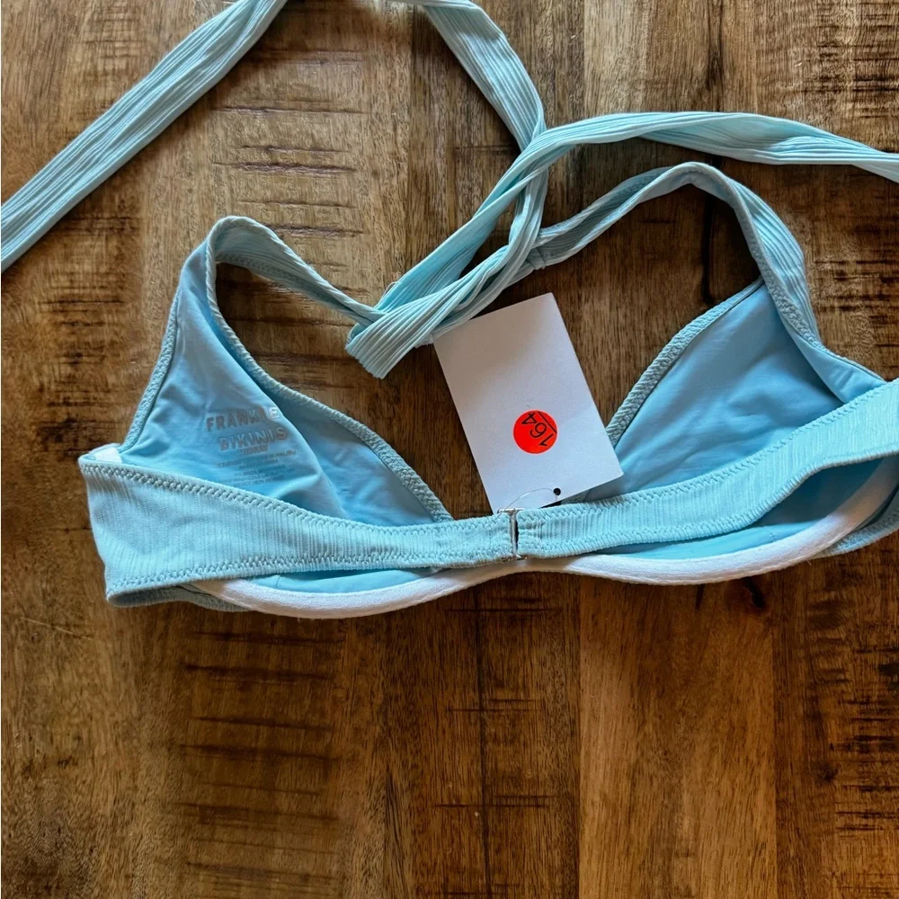 Frankie’s bikinis Light Blue Ribbed bikini bra top medium NWT underwire halter